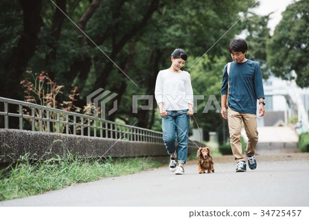 Japanese couple taking a dog walk 34725457
