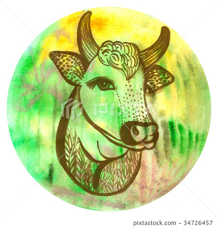 Watercolor badge with cow Vegan style illustration Watercolor badge with cow Vegan style illustration 34726457