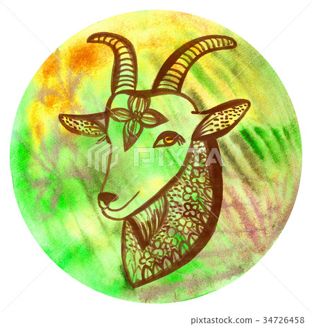 Watercolor badge with goat Vegan illustration Watercolor badge with goat Vegan illustration 34726458