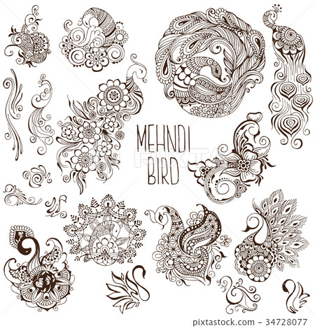 set of birds in the mehendi style 34728077