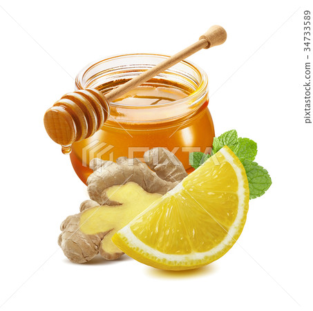 Honey, lemon, ginger, mint isolated on white Honey, lemon, ginger, mint isolated on white 34733589