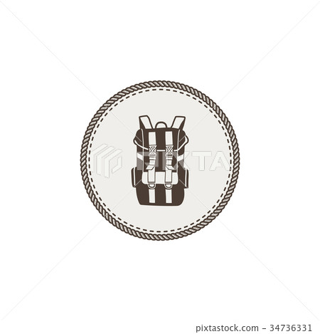Backpack icon, patch and sticker. Vintage hand Backpack icon, patch and sticker. Vintage hand 34736331