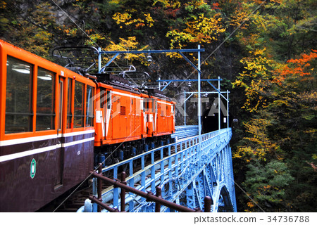 從Kurobe峽谷Torokko火車的車窗秋葉 從Kurobe峽谷Torokko火車的車窗秋葉 34736788