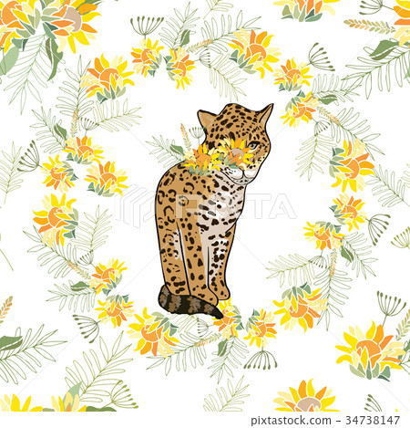 Retro style Illustration with flowers and animal 34738147