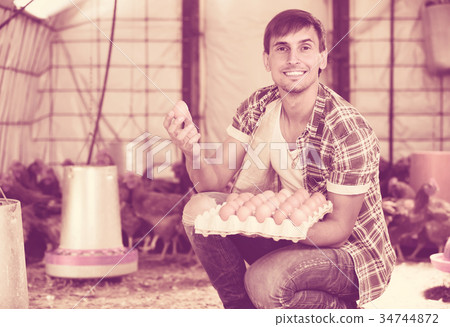 Male farmer picking fresh eggs in coop. 34744872