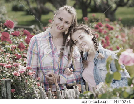 woman and girl holding a basket and standing near blooming roses 34745258