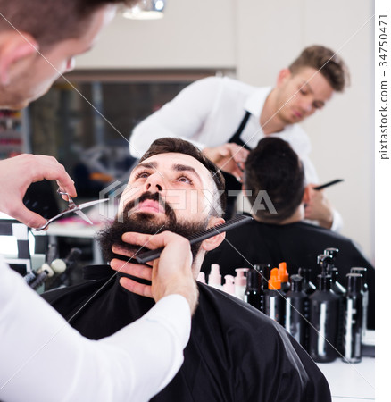 Stylist creating shape for beard of client 34750471