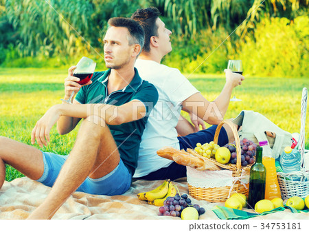 Two adult pacified brothers enjoying picnic 34753181