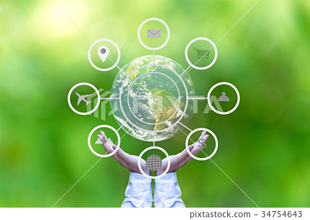 Hand holding globe with abstract global Hand holding globe with abstract global 34754643