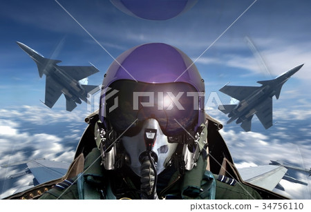 Fighter pilot cockpit view during sunrise 34756110