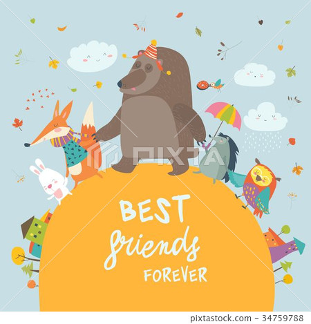 Happy animals walking in autumn park 34759788