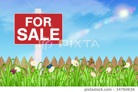 land for sale sign board with wooden fence grass 34760636