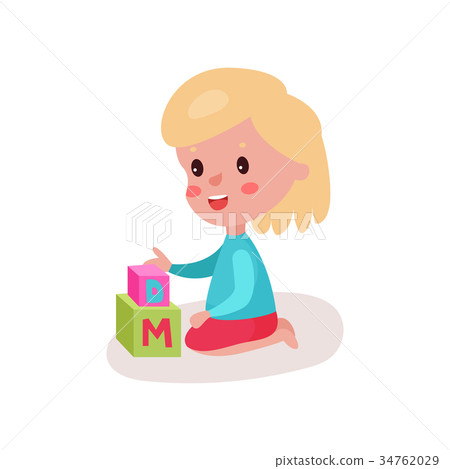 Cute blonde little girl sitting on the floor Cute blonde little girl sitting on the floor 34762029