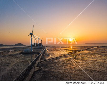 Aerial view Sunset of wind turbine  34762361