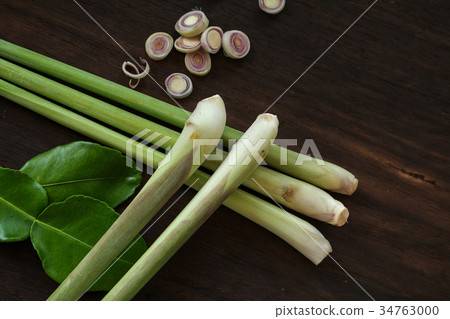 Soft focus of Lemon grass on wooden board. Soft focus of Lemon grass on wooden board. 34763000