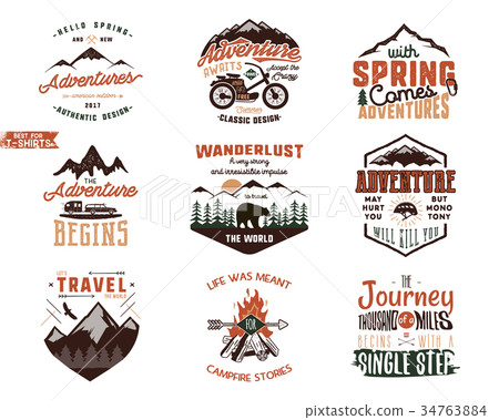 Set of Vintage adventure tee shirts designs. Hand 34763884