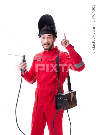 Young repairman with a welding gun electrode and a 34764303