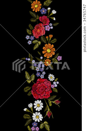 Floral red rose blue violet daisy embroidery Floral red rose blue violet daisy embroidery 34765747