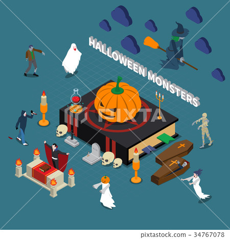 Monster Halloween Isometric Composition 34767078