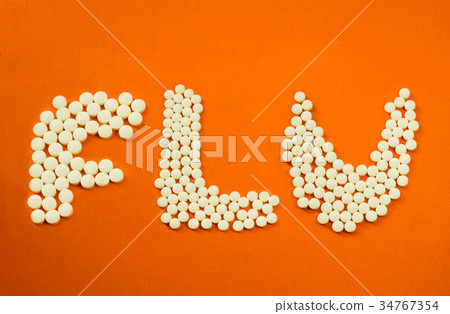 The word 'Flu' made by Medicine pills. 34767354