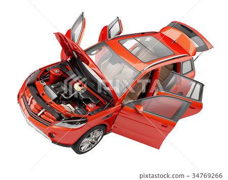 Suv red car with open doors viewed from above. 34769266