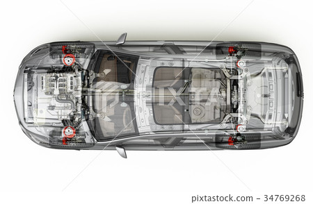 Suv detailed cutaway 3D rendering. Top view. Suv detailed cutaway 3D rendering. Top view. 34769268