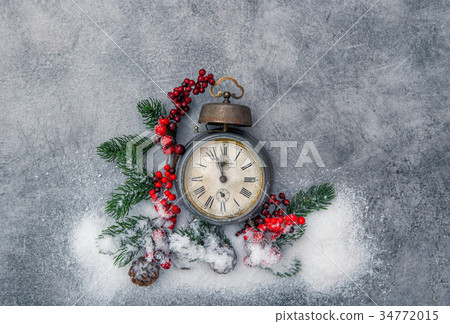 Christmas decoration antique golden clock snow 34772015