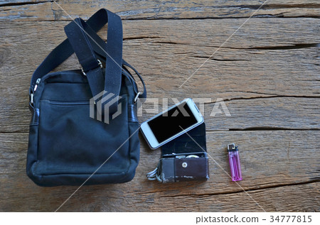 Tool set for a field trip on wood floor 34777815