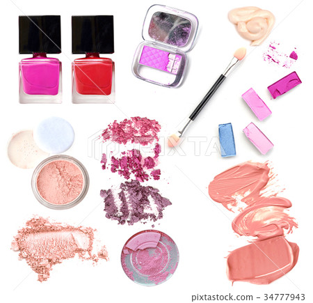 Collection of make up cosmetic products on white. 34777943