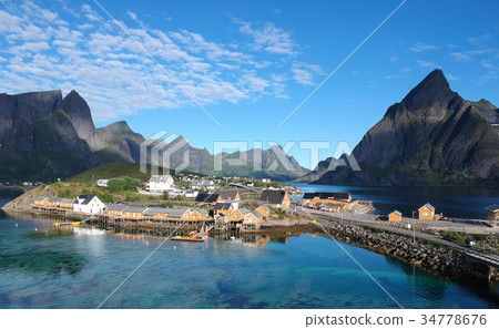Aerial view of Yellow Fishing hut  Lofoten islands 34778676