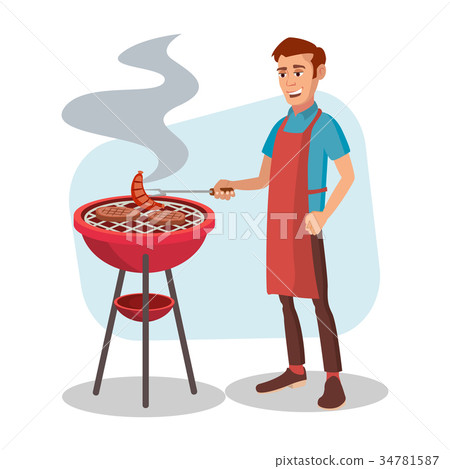 BBQ Cooking Vector. Man Cook Grill Meat On Bbq 34781587