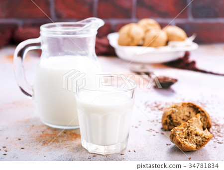 bread and milk on a table 34781834