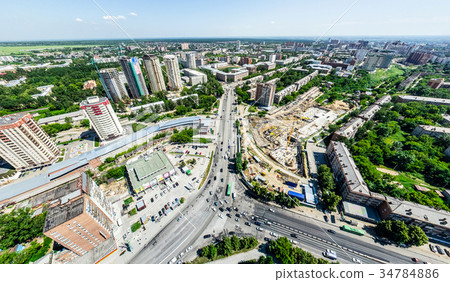 Aerial city view with crossroads and roads, houses Aerial city view with crossroads and roads, houses 34784886
