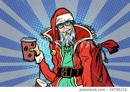 close-up Hipster Santa Claus with a Cup of coffee close-up Hipster Santa Claus with a Cup of coffee 34786216