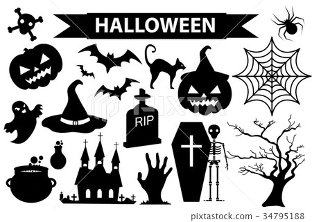 Happy Halloween icons set, black silhouette style Happy Halloween icons set, black silhouette style 34795188