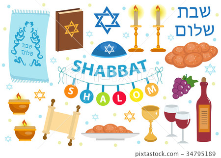 Shabbat Shalom icon set, flat, cartoon style Shabbat Shalom icon set, flat, cartoon style 34795189