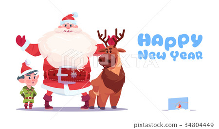 Santa Claus With Elfs On Happy New Year Greeting 34804449