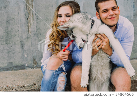 Beautiful young couple playing with a dog husky  34804566