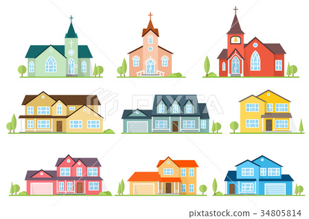 Set of flat icon suburban american houses and 34805814