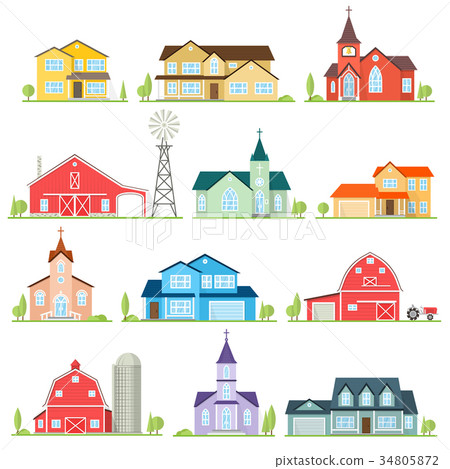 Set of vector flat icon suburban american houses. 34805872