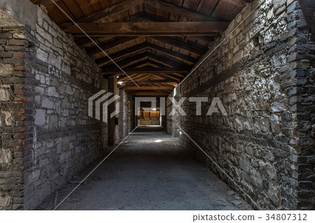 Creepy attic interior at abandoned building Creepy attic interior at abandoned building 34807312