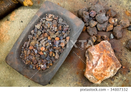 Red crushed iron ore on the ground Red crushed iron ore on the ground 34807332