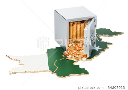 Safe box with golden coins on the map of Pakistan Safe box with golden coins on the map of Pakistan 34807913