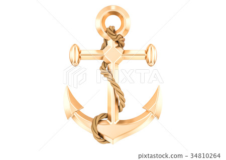 Golden anchor with rope, 3D rendering 34810264