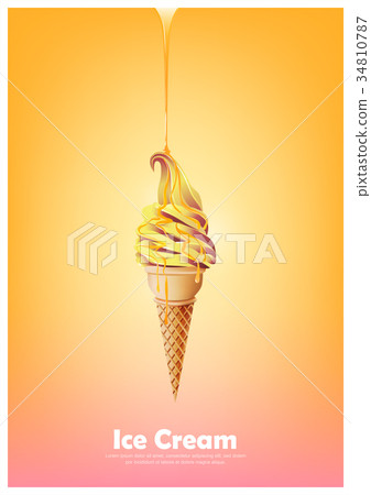 Orange yellow soft ice cream cone, Pour syrup 34810787