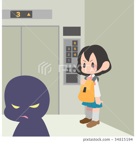 在保持警惕的同時乘坐電梯的女孩和可疑的人 34815194