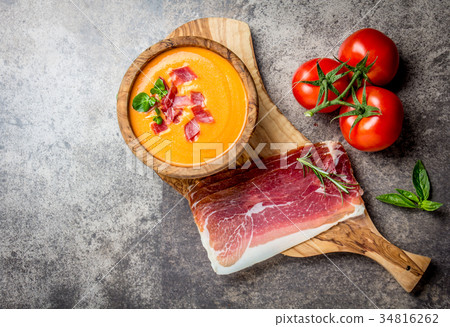 Spanish tomato soup Salmorejo served in olive Spanish tomato soup Salmorejo served in olive 34816262
