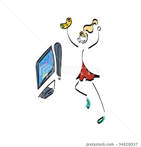Doodle stickman illustration concept. Gamer girl 34820037