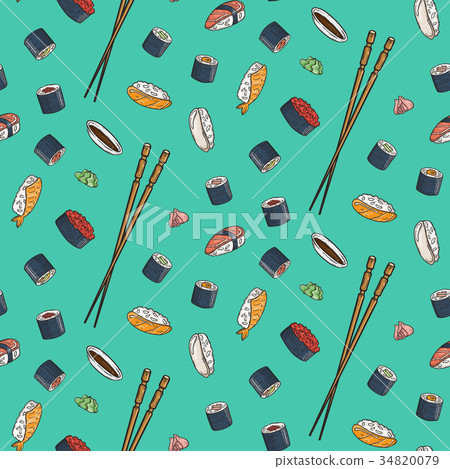 Vector seamless pattern with doodle sushi. Engrave 34820079