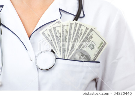 Doctor with stethoscope, currencies dollar Doctor with stethoscope, currencies dollar 34820440